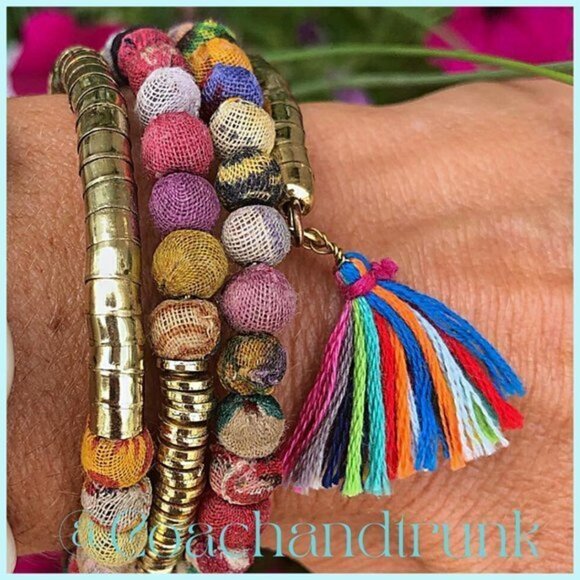 Sari Cloth Coil Wrap Bracelet Handcrafted India 2 Tassels Semi Adjustable NWT - Picture 4 of 8